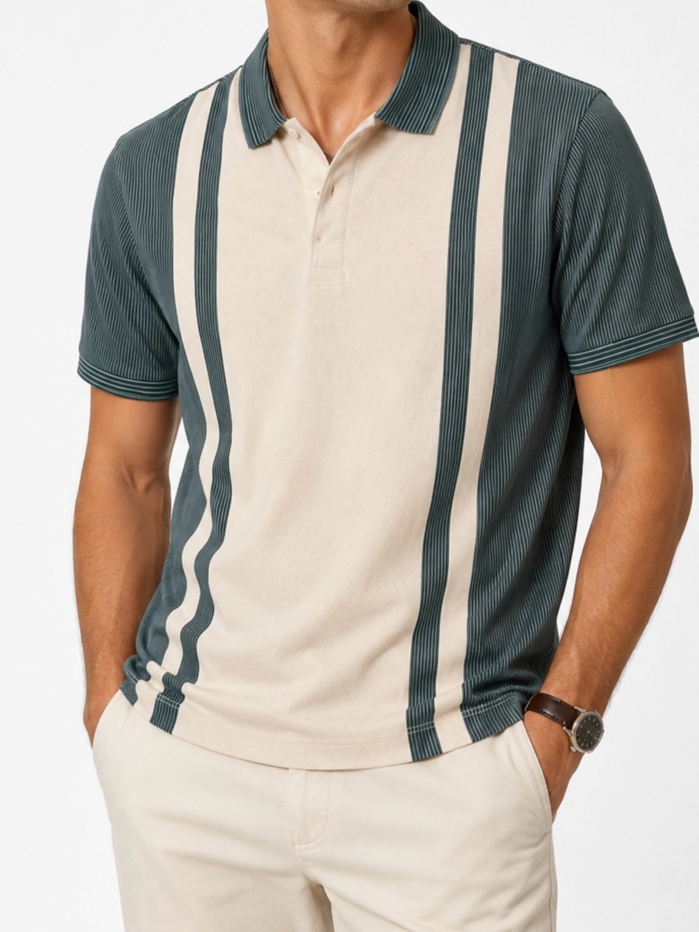 Express Men's Vertical Stripe Polo - Cream & Teal